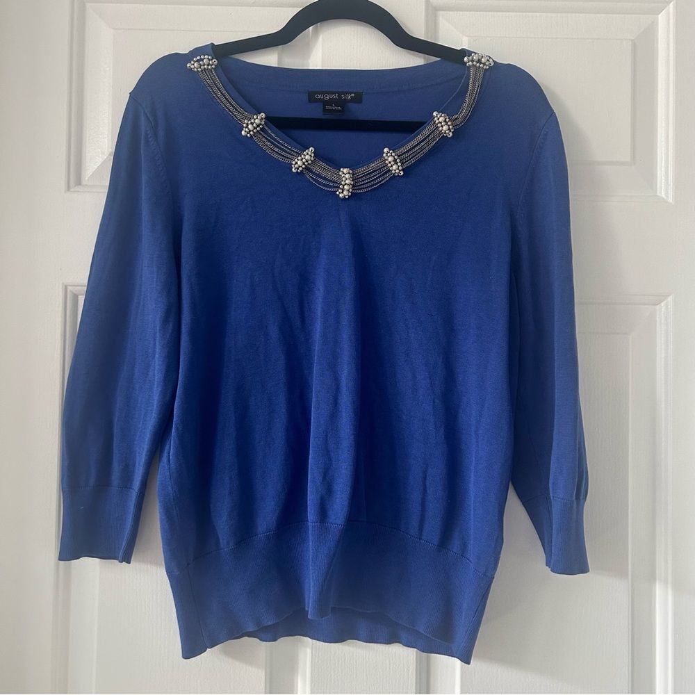 Royal Blue August Silk Blend Beaded Sweater Size Large Fall